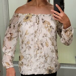 White silk top sage green leaves floral off the shoulder top